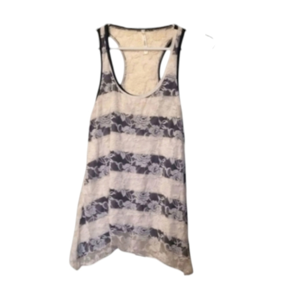 Y2K Vintage DNA Couture Navy Blue White Striped Lace Back Tank Top Size Large
